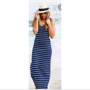 Navy & White Stripe Fitted Maxi Tank Dress, Fitted